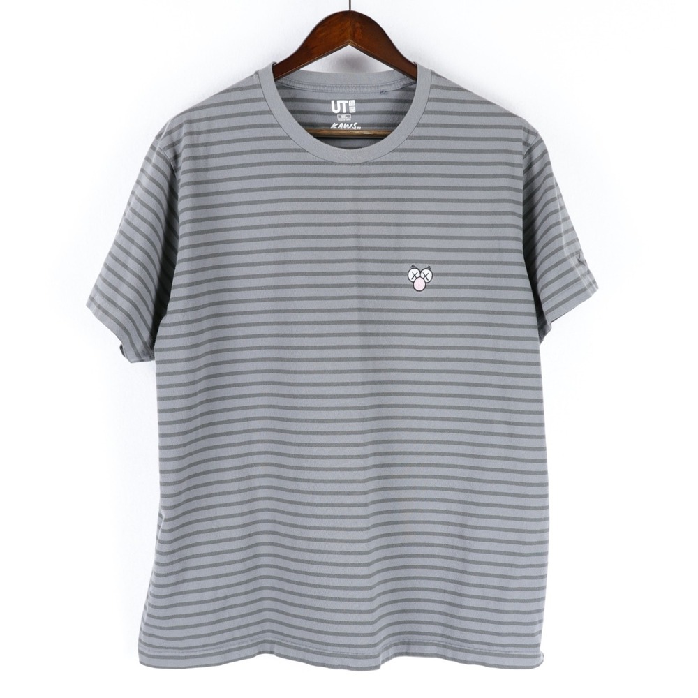 KAWS Uniqlo BFF Short Sleeve T-Shirt XXL Grey Grey Striped Embroidered Cotton